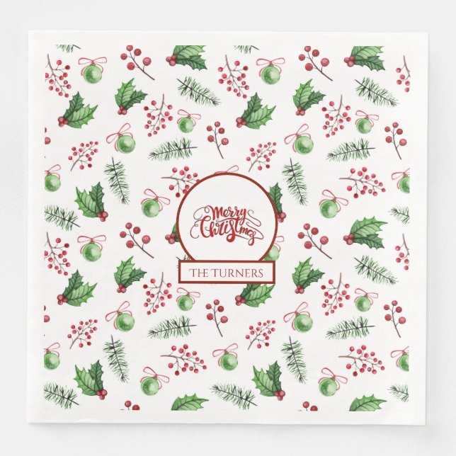 Merry Christmas Balls Holly Berries Pine Monogram Napkin (Front)