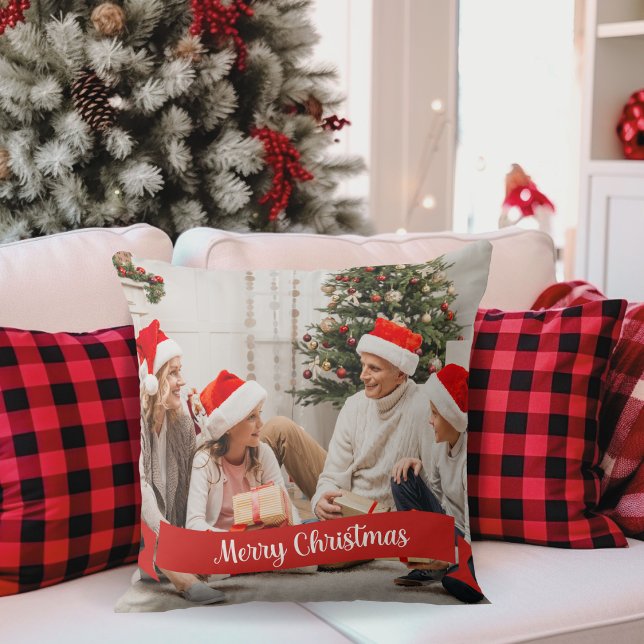 Merry Christmas Banner Custom Photo Cushion (Add your favorite photo to this festive pillow that features a red banner that says Merry Christmas.)