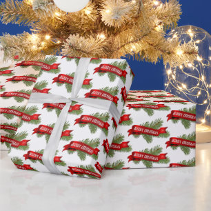 Merry Christmas Banner On Pine Wrapping Paper