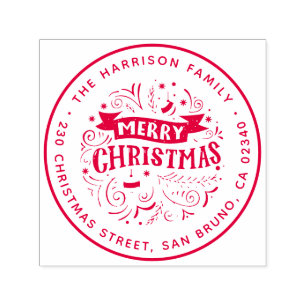 Merry Christmas Banner Round Family Return Address Self-inking Stamp