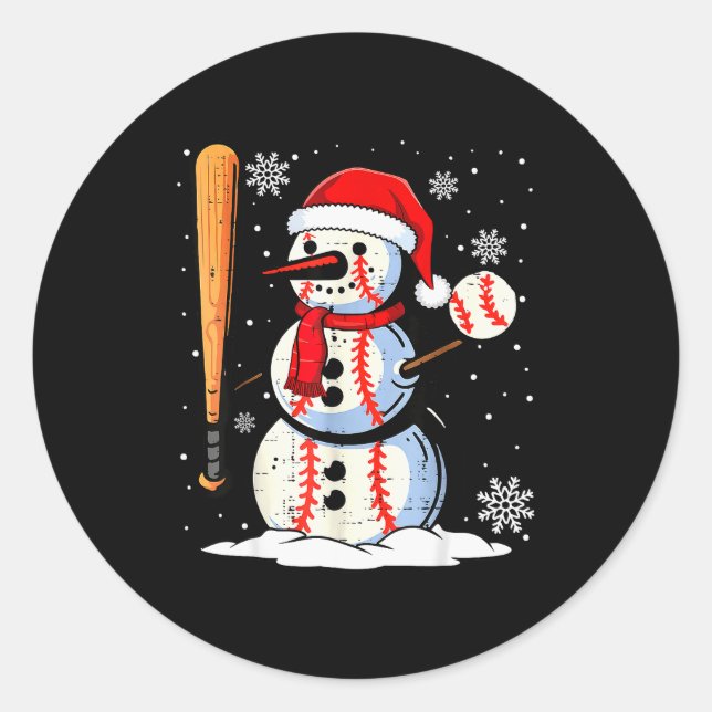Merry Christmas Baseball Snowman Holiday Srts Xmas Classic Round Sticker (Front)