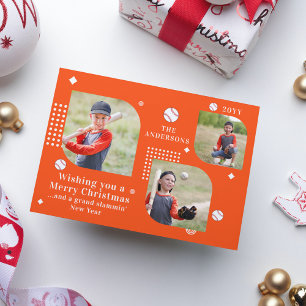 Merry Christmas Baseball Sport 3 Photo Family Name
