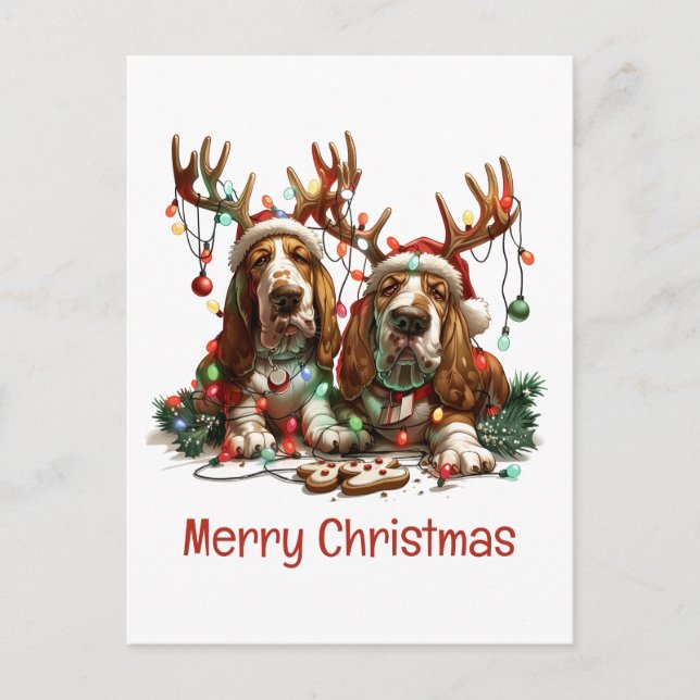 Merry Christmas Basset Hound Dogs Postcard (Front)