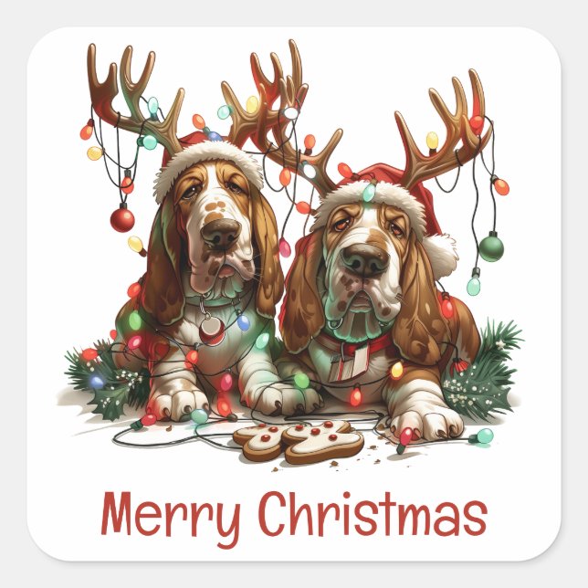 Merry Christmas Basset Hound Dogs Square Sticker (Front)