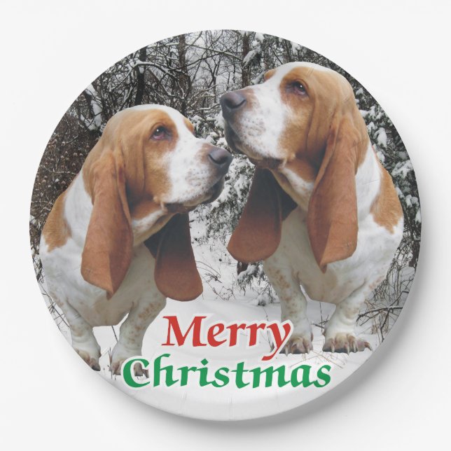 Merry Christmas Basset Hounds Paper Plate (Front)
