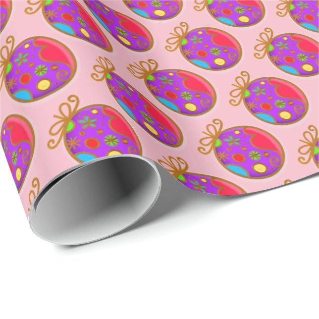 Merry Christmas Bauble Colourful Pink Purple Red Wrapping Paper (Roll Corner)