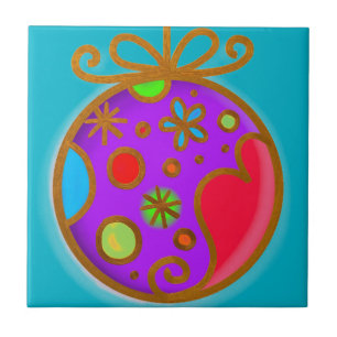 Merry Christmas Bauble Colourful Purple Red Tile