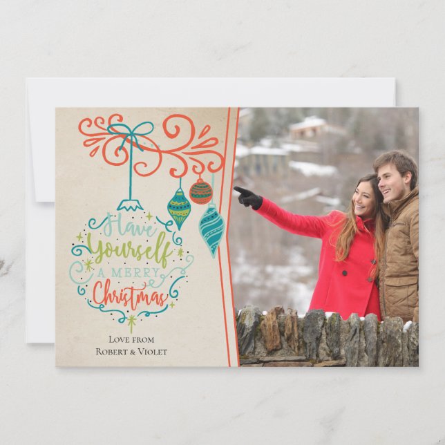 Merry Christmas Bauble & Retro Ornaments - Photo Holiday Card (Front)