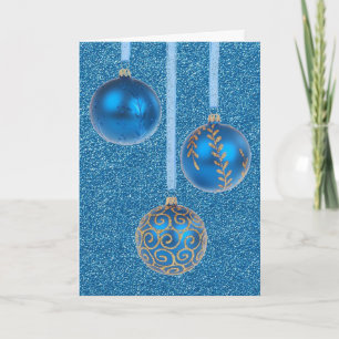 Merry Christmas Baubles Gold Blue Glitter Holiday Card