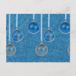 Merry Christmas Baubles Gold Blue Glitter Holiday Postcard