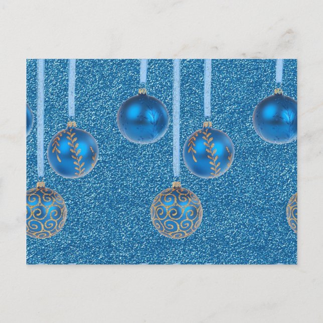 Merry Christmas Baubles Gold Blue Glitter Holiday Postcard (Front)