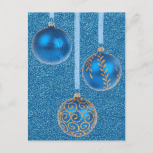 Merry Christmas Baubles Gold Blue Glitter Holiday Postcard