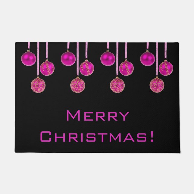 Merry Christmas Baubles Hot Pink Ornament Door Mat (Front)