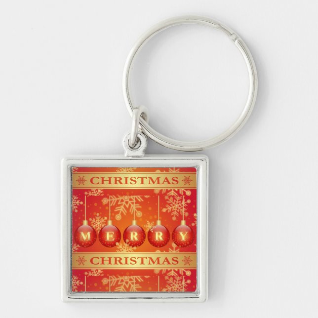 Merry Christmas Baubles Red Gold Ornaments Key Ring (Front)