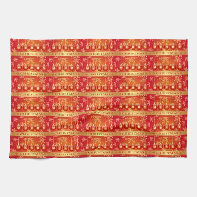 Merry Christmas Baubles Red Gold Ornaments Tea Towel (Horizontal)
