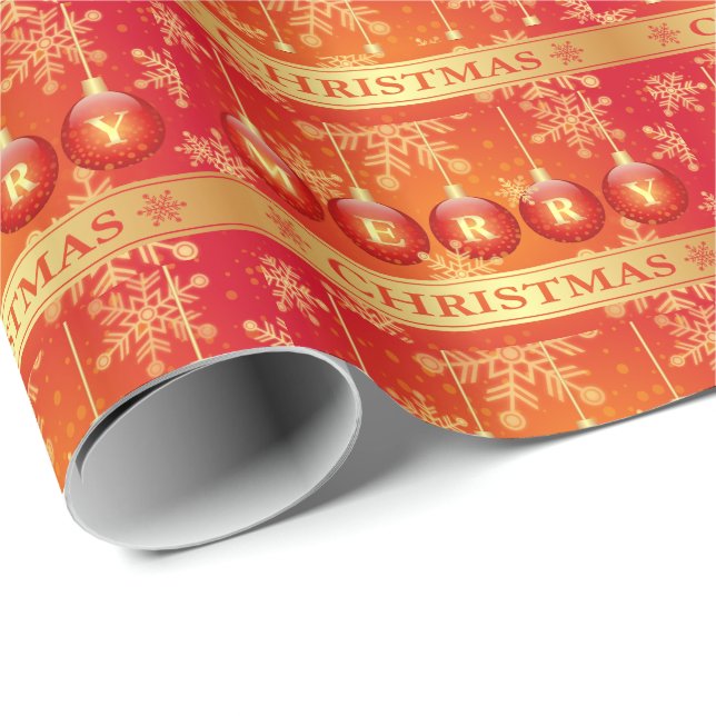 Merry Christmas Baubles Red Gold Ornaments Wrapping Paper (Roll Corner)