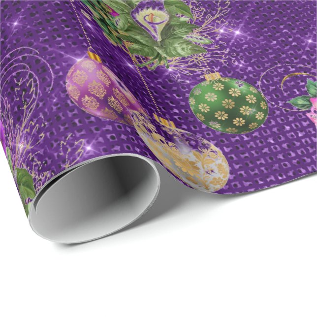 Merry Christmas Baubles Rose Gold Pink Purple Wrapping Paper (Roll Corner)