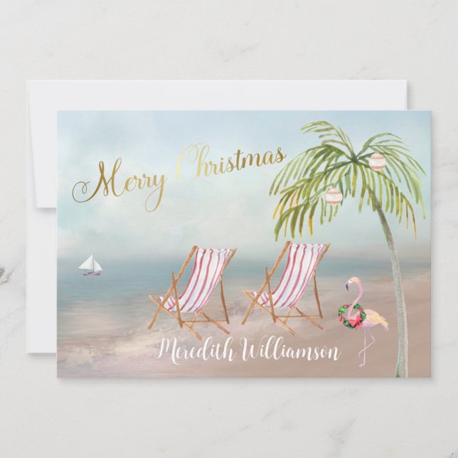 Merry Christmas Beach Flamingo Budget  Holiday Card (Front)
