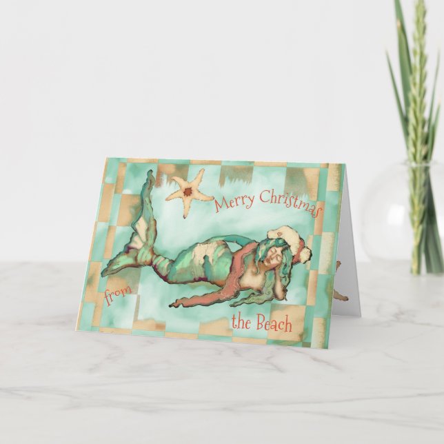 Merry Christmas Beach Mermaid Santa Hat Personaliz Holiday Card (Front)