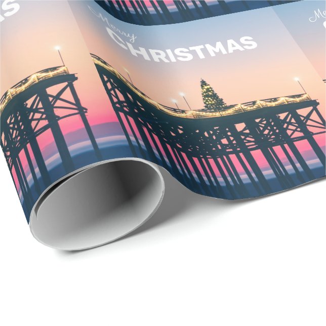 Merry Christmas Beach Pier Sunset San Diego Wrapping Paper (Roll Corner)