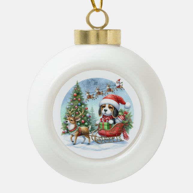 MERRY CHRISTMAS BEAGLE CERAMIC BALL CHRISTMAS ORNAMENT (Front)