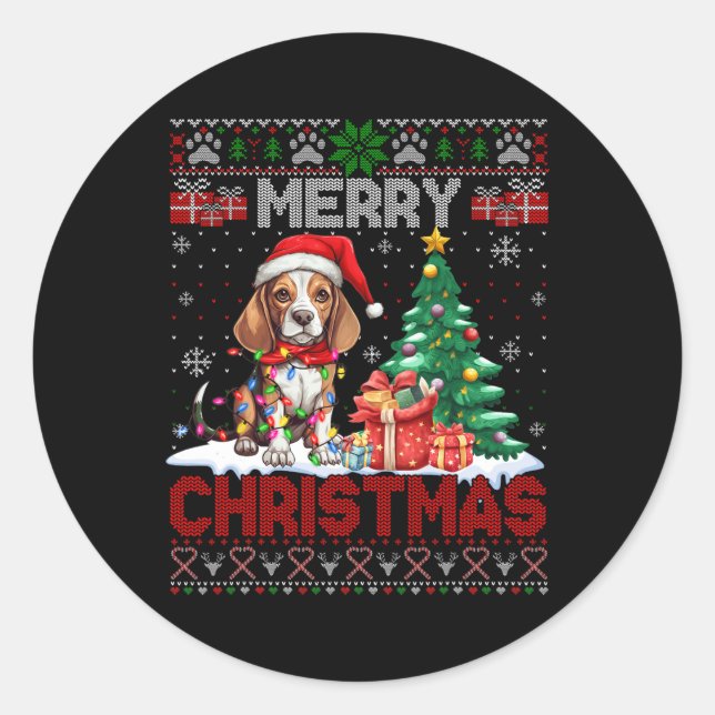 Merry Christmas Beagle Dog Lover Ugly Xmas Sweater Classic Round Sticker (Front)