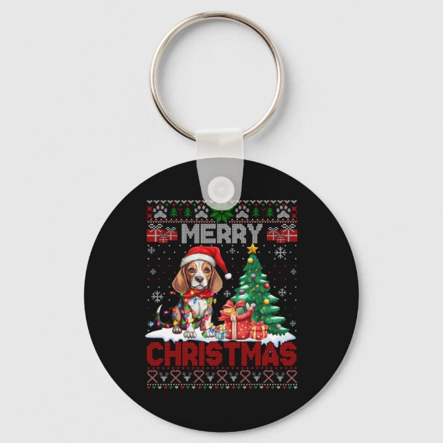 Merry Christmas Beagle Dog Lover Ugly Xmas Sweater Key Ring (Front)