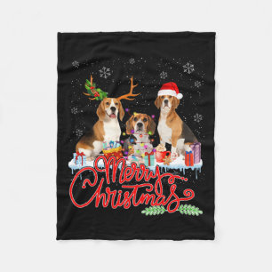 Merry Christmas Beagle Dog Santa Reindeer Light Xm Fleece Blanket