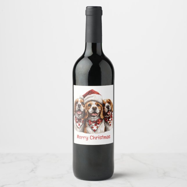 Merry Christmas Beagle Dogs Wine Label (Front)