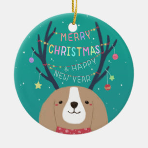 Merry Christmas: Beagle Illustration Art Ceramic Tree Decoration
