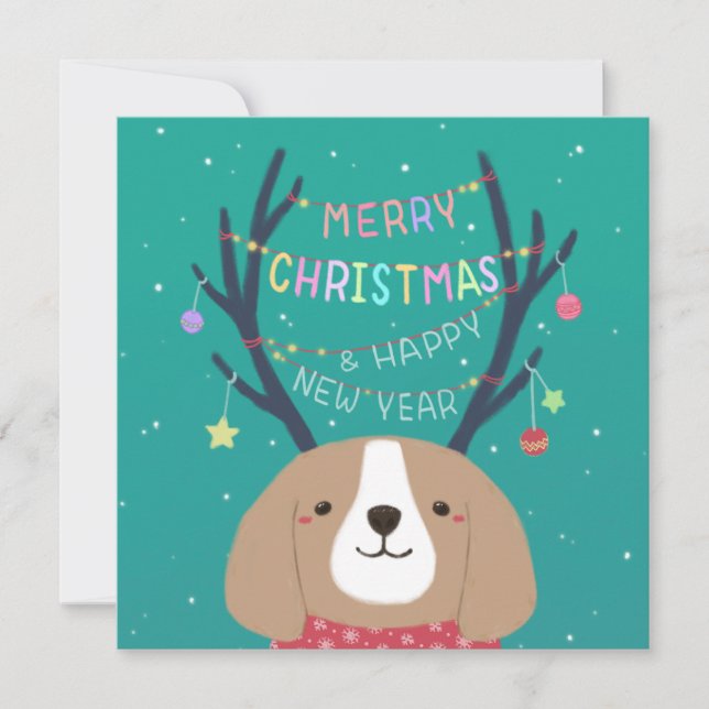 Merry Christmas: Beagle Illustration Art Holiday Card (Front)