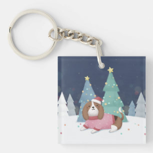 Merry Christmas: Beagle Illustration Art Key Ring