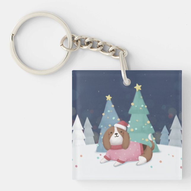 Merry Christmas: Beagle Illustration Art Key Ring (Front)