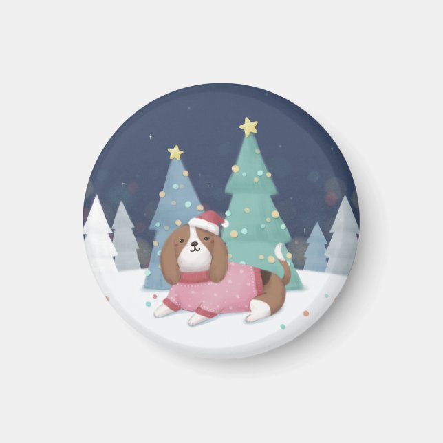 Merry Christmas: Beagle Illustration Art Magnet (Front)