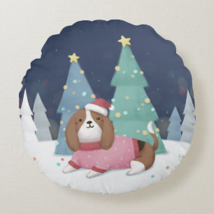 Merry Christmas: Beagle Illustration Art Round Cushion