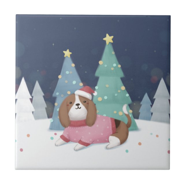 Merry Christmas: Beagle Illustration Art Tile (Front)