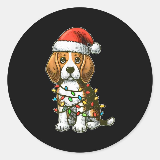 Merry Christmas Beagle Santa Christmas Lights Dog  Classic Round Sticker (Front)