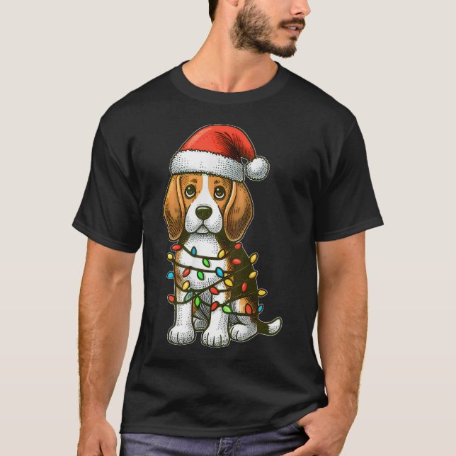 Merry Christmas Beagle Santa Christmas Lights Dog  T-Shirt (Front)