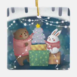 Merry Christmas: Bear & Bunny Ceramic Ornament