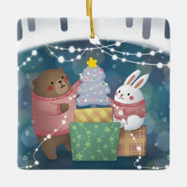 Merry Christmas: Bear & Bunny Ceramic Ornament (Front)