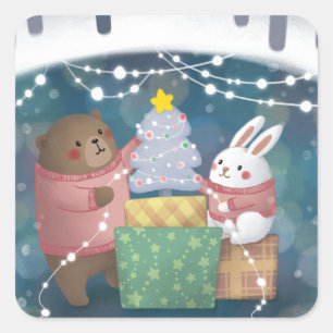 Merry Christmas: Bear & Bunny Square Sticker