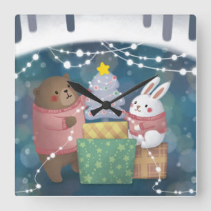 Merry Christmas: Bear & Bunny Square Wall Clock