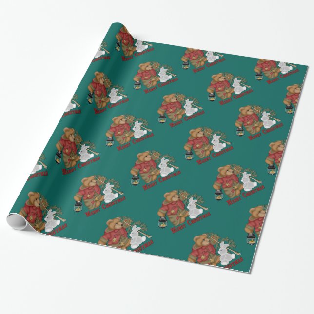 Merry Christmas Bear Green Holiday Wrapping Paper (Unrolled)