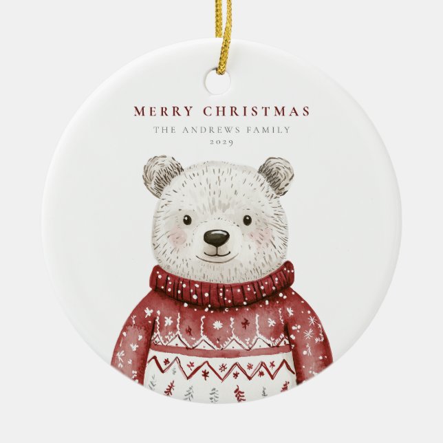 Merry Christmas Bear in a Sweater Ceramic Tree Decoration (Front)