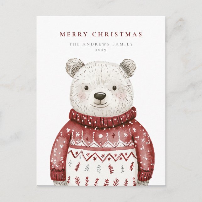 Merry Christmas Bear in a Sweater Holiday Postcard (Front)