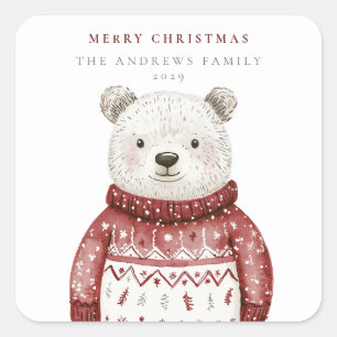Merry Christmas Bear in a Sweater Square Sticker