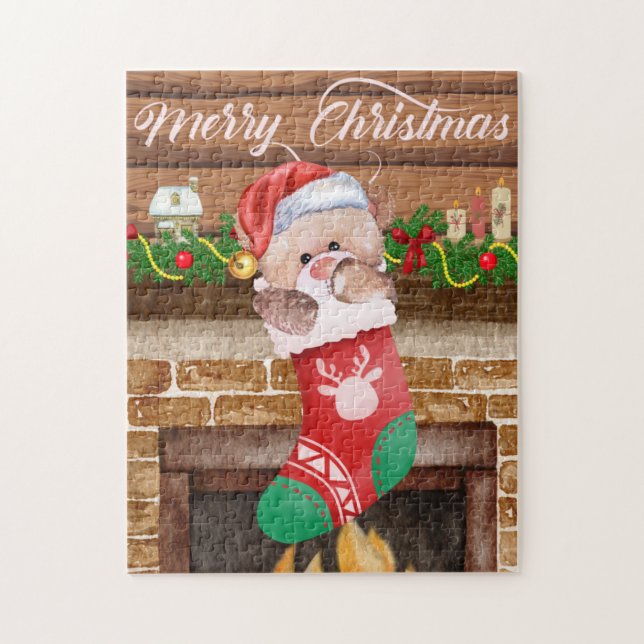 Merry Christmas Bear Stocking Fireplace Mantle   Jigsaw Puzzle (Vertical)