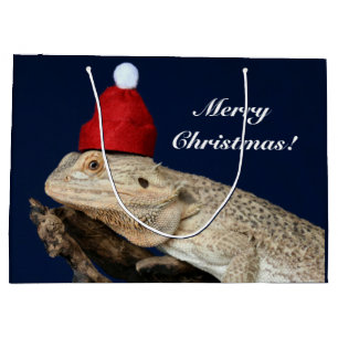 Merry Christmas Bearded Dragon Lizard - Santa Hat Large Gift Bag