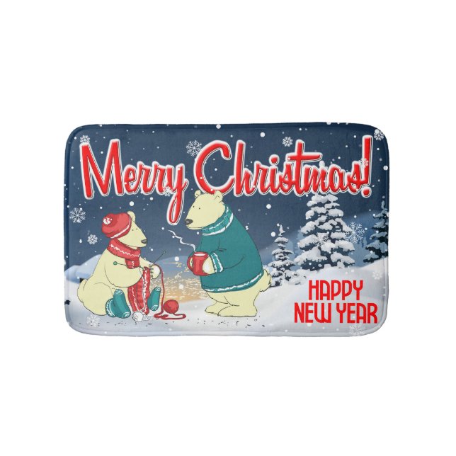 Merry Christmas Bears Winter Snow Holiday Scene Bath Mat (Front)