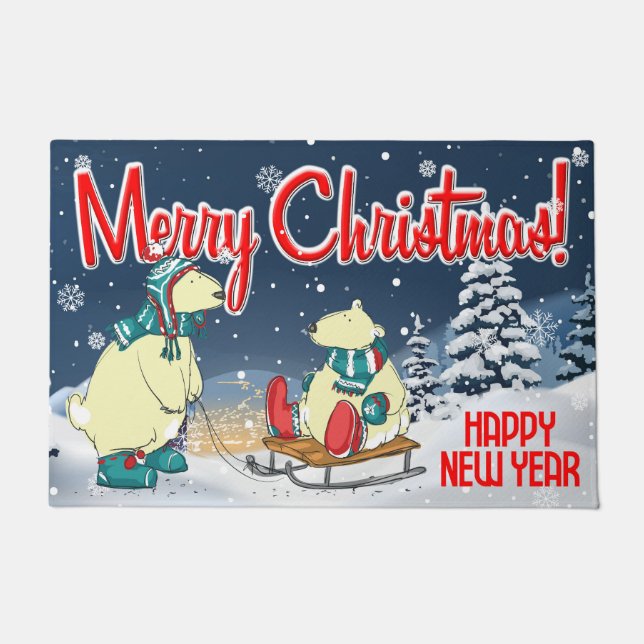 Merry Christmas Bears Winter Snow Holiday Scene Doormat (Front)